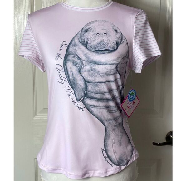 CHUBBY MERMAID " Save The Manatees" Junior Medium Pink  Top - Picture 1 of 7